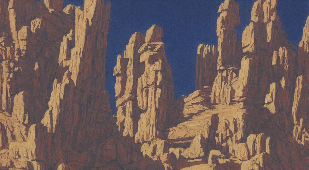 Prompt: chiaroscuro gouache by james gurney. utopia building designed by frank lloyd wright. dune palace. composed by directory kurosawa ( 1 9 6 2 ). baroque frame