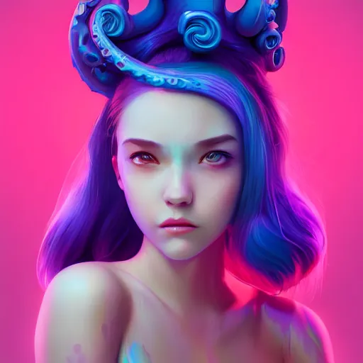 Prompt: A stunning portrait of teen girl with tentacles on her head, art by Artgerm and Ross Tran, vivid color palette, digital painting, 3D, octane render, highly detailed, particles, light effect, volumetric lighting, digital painting, artstation, concept art, smooth, sharp focus