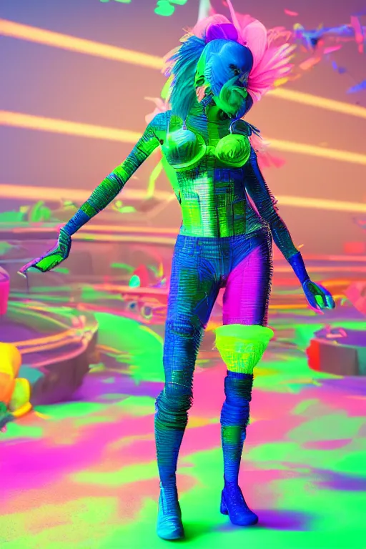 Image similar to a scene with a character wearing a super colorful fluo costume, vivienne westwood, detailed photoreal render octane render