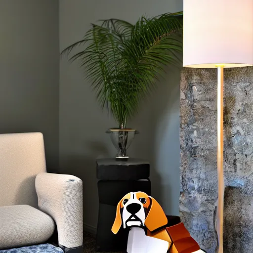 Image similar to a large lamp, shaped as a 3d beagle puppy head, placed in a large living room, art designers magazine HD photo superrealism 3d 8k resolution