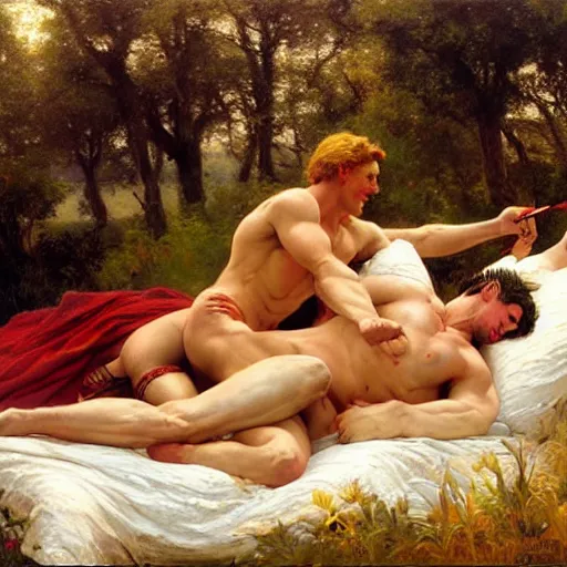 Prompt: ares tickles achilles the champion with a feather on a bed of pillows in a meadow, wine flows, painting by gaston bussiere, craig mullins, j. c. leyendecker, tom of finland