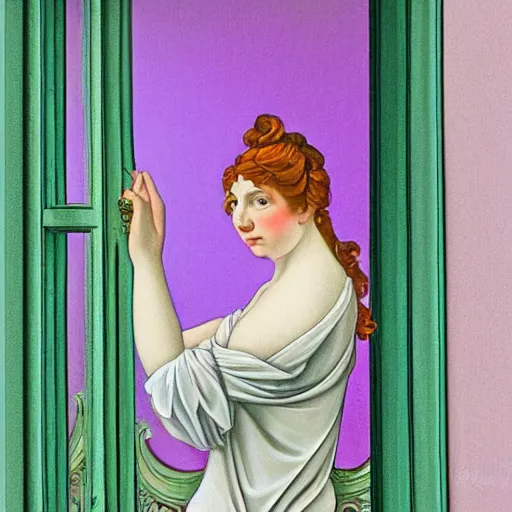 Prompt: portrait at the window. art nouveau rococo in the style of caravaggio. maximalist unexpected elements hd 8 x matte background in vibrant vivid pastel colour textures