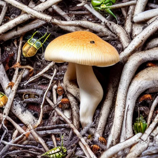 Image similar to real photo of a carnivore mushroom with some dead insects next to it