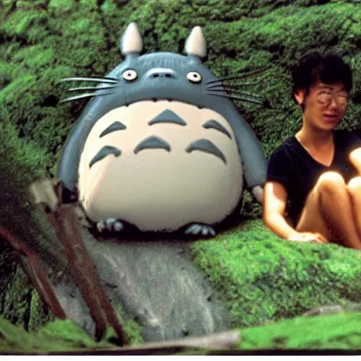 Prompt: A behind the scenes on set photo of the making of 'Totoro' by Miyazaki