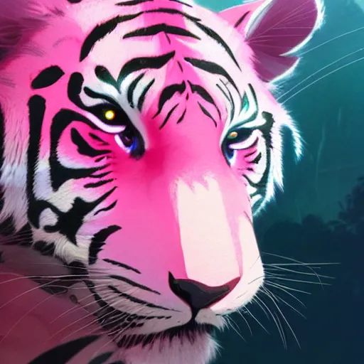 Prompt: a pink tiger, illustration concept art anime key visual trending pixiv fanbox by wlop and greg rutkowski and makoto shinkai and studio ghibli and kyoto animation symmetrical facial features