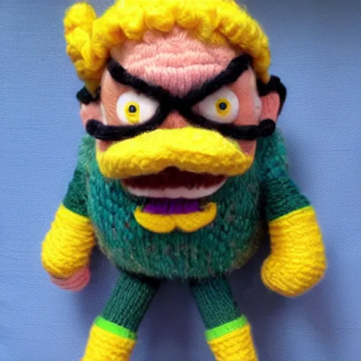 Image similar to a doll of wario made out of yarn