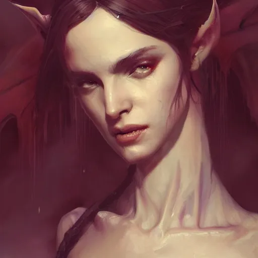 Image similar to a beautiful portrait of a succubus goddess with bats in the background and closed eyes by greg rutkowski and raymond swanland, trending on artstation, ultra realistic digital art