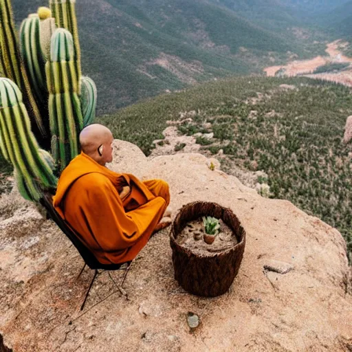 Image similar to monk sitting on a cactus chair on a mountaintop