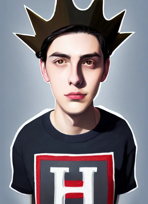 Image similar to portrait of teenage jughead jones wearing a light grey crown, photorealistic, crown, eyes closed, crown, black hair, sweater with letter s on it, letter s, intricate, elegant, glowing lights, highly detailed, digital painting, artstation, concept art, smooth, sharp focus, illustration, art by wlop, mars ravelo and greg rutkowski