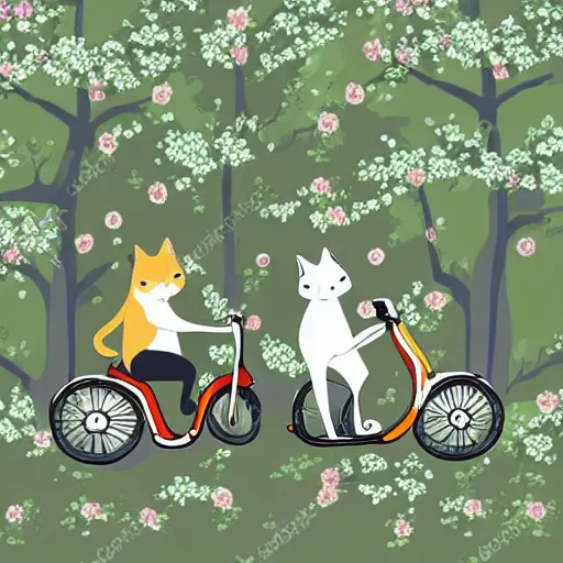 Image similar to a cute artwork of two cats riding scooters through a forest of cheery blossom trees