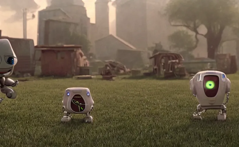 Image similar to movie still from the 2 0 2 2 sequel to batteries not included produced by steven spielberg, starring small very - cute walking and flying ufo - shaped robots who are helping impoverished residents of an orphanage in eastern europe. science - fiction comedy.