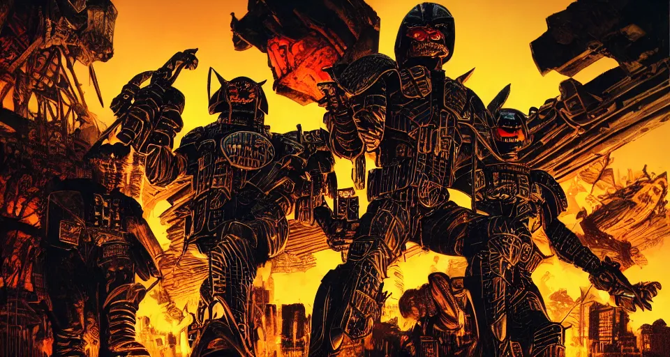 Prompt: Judge Death Versus Judge Dredd In Hell, bats, sunset, volumetric lighting, hyperrealistic, beautiful details, HDR, octane render, action shot, wide angle, bokeh, Yasushi Niarasawa Moebius Jim Steranko Style