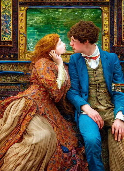 Image similar to detailed colourful masterpiece of intricate preraphaelite photography couple portrait sat down extreme closeup, love, inside a full underwater train, detailed realistic expressions, wearing unusual clothes, by ford madox brown and william powell frith and frederic leighton and john william waterhouse and william morris, ultra wide angle