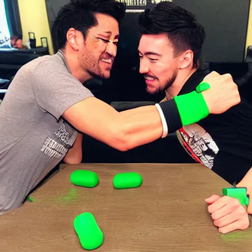 Prompt: markiplier arm wrestling jacksepticeye hyper realistic