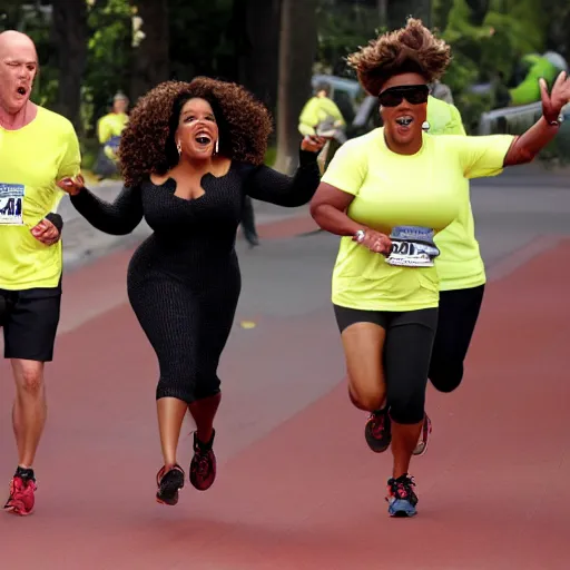 Prompt: oprah running marathon shouting and screaming hands in the air