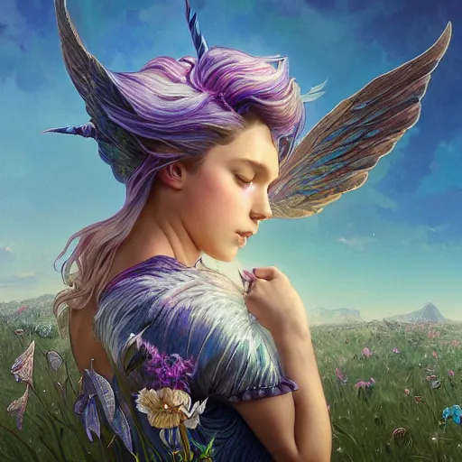 Prompt: a iridescent unicorn with wings eating in a field of marijuana, art by artgerm and greg rutkowski and alphonse mucha, concept art, octane render, unreal engine 5, highly detailed, high quality, 8 k, soft lighting, realistic face, path traced