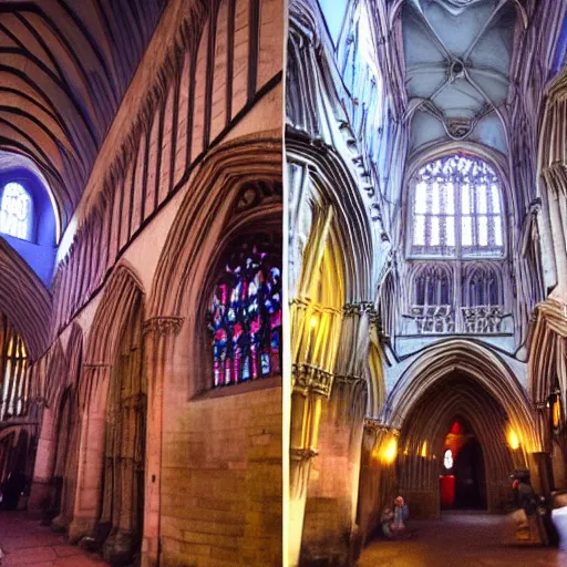 Image similar to 9 0 s rave inside exeter cathedral. colour flash photography