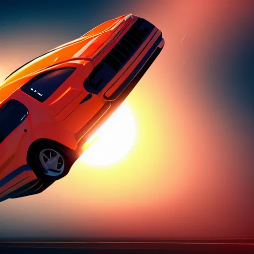 Prompt: a car is flying in space in front of a bright orange sun, 4k octane render