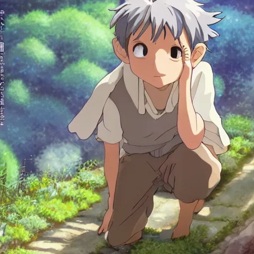 Prompt: friendly guy and small creature , with Fragile looking character, detailed face, made by Studio Ghibli highly detailed art, beautiful scene, sharp focus, smooth, 8k, anime art