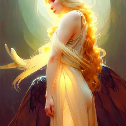 Image similar to A girl with blonde hair, glowing halo, huge highly detailed wings, fantasy, intricate, elegant, highly detailed, digital painting, artstation, concept art, smooth, sharp focus, illustration, art by Krenz Cushart and Artem Demura and alphonse mucha