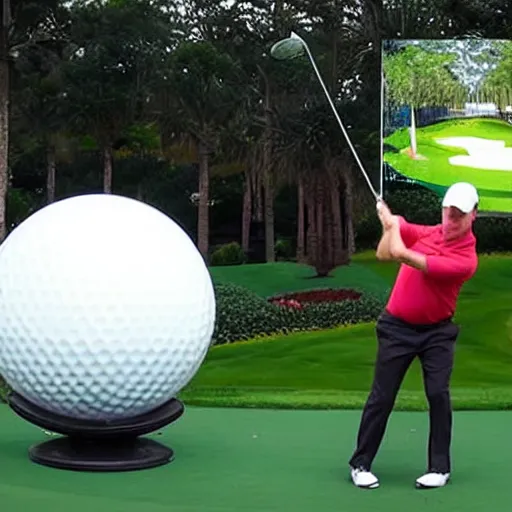 Image similar to a giant playing teeing up a shot in golf using the epcot ball in real life, highly detailed, extremely high resolution, ultra realistic