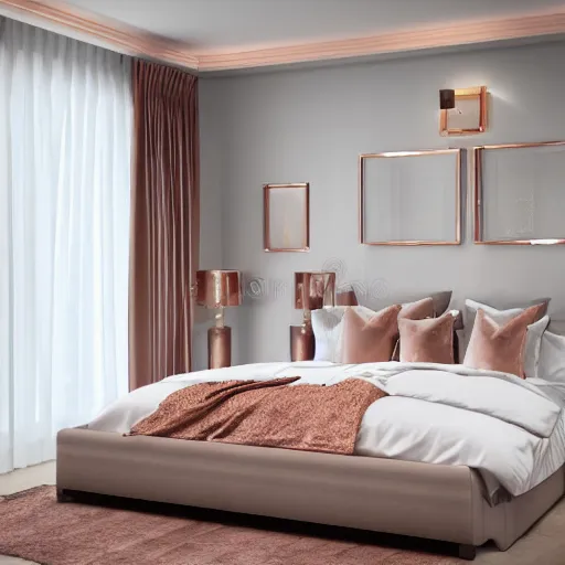 Image similar to 3 d render of white bedroom with rose gold metallic accents