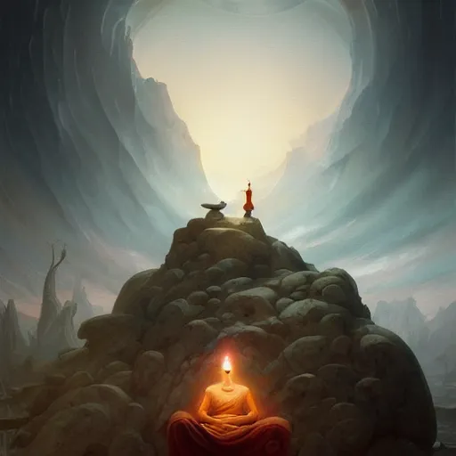 Image similar to in the style of peter mohrbacher, a glowing monk floating and meditating on a rock, dystopian landscape, intricate, masterpiece, award winning, fantasy, hyperrealism intricate