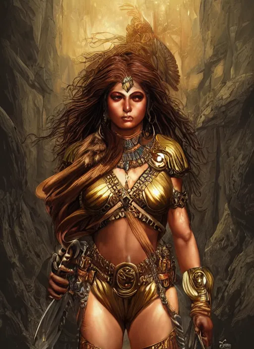 Image similar to a highly detailed symmetrical painting of a female amazon warrior with piercing beautiful eyes in dark tomb setting, dynamic lighting, ambient lighting, deviantart, art by artgerm and karol bak and mark brooks