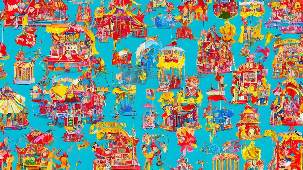 Image similar to carnival town, the horror carnival drawn in the style of a children's book. ferris wheel, circus tent, and carousel. disney style. cutesy, fun, and bright. color harmony, 8 k detail, gallery quality, hd wallpaper, premium prints available, hyper - detailed, intricate design.