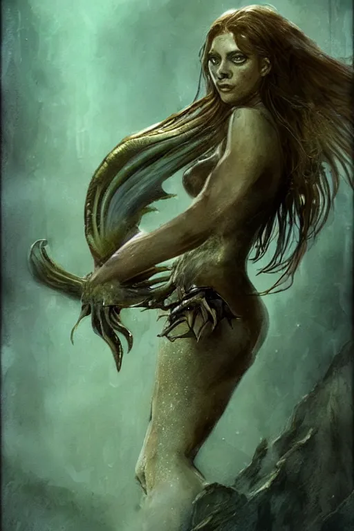 Prompt: beautiful siren, creature concept art, weta studios, Guillermo Del Toro,