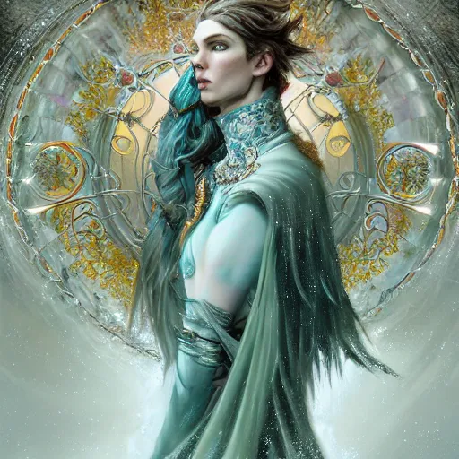 Prompt: an epic concept art of a handsome androgynous snow elf in a turquoise cape and glittering silver ornate armour stringing a bow, albino skin, winter vibes, evocative dramatic mood, intricate, elegant, by tomasz alen kopera and alphonse mucha, sharp focus, octane render, unreal 5, trending on artstation