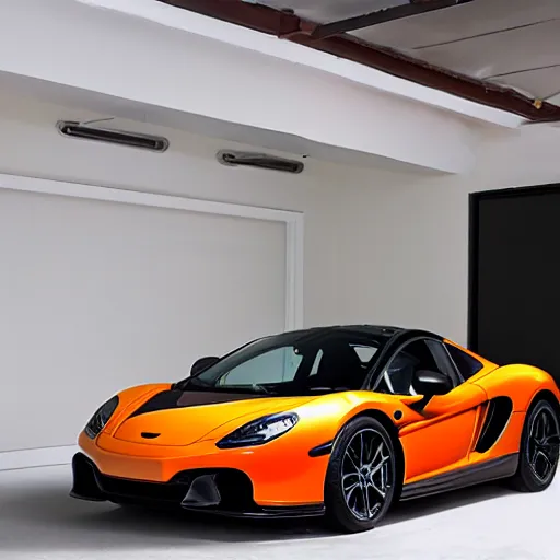 Prompt: a maclaren p 1 parked in a house garage, 4 k, high detail, high - resolution photograph, professional photography, ultra - detail