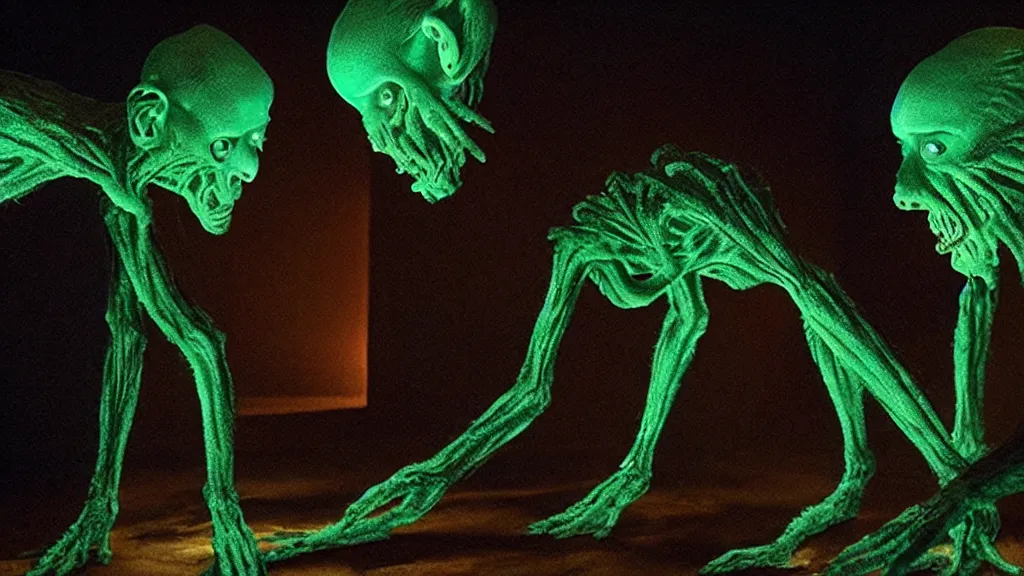 Image similar to the strange creature, made of glowing oil, they suffer from katagelophobia, film still from the movie directed by denis villeneuve and david cronenberg with art direction by salvador dali and dr. seuss