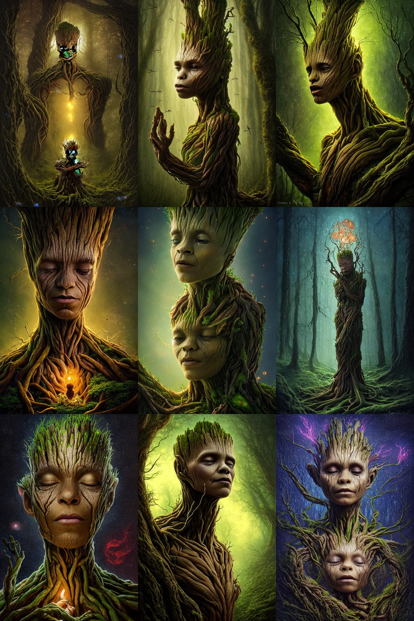 Prompt: a stunning ultra detailed fantasy fine art photo of a sleeping groot connected to a barren sinuous forest surrounded by fireflies, eyes closed peacefully, by tomasz alen kopera and anna dittman, night, very detailed, deep depth of field, 5 0 mm lens, soft lighting, artstation, highly coherent, 8 k
