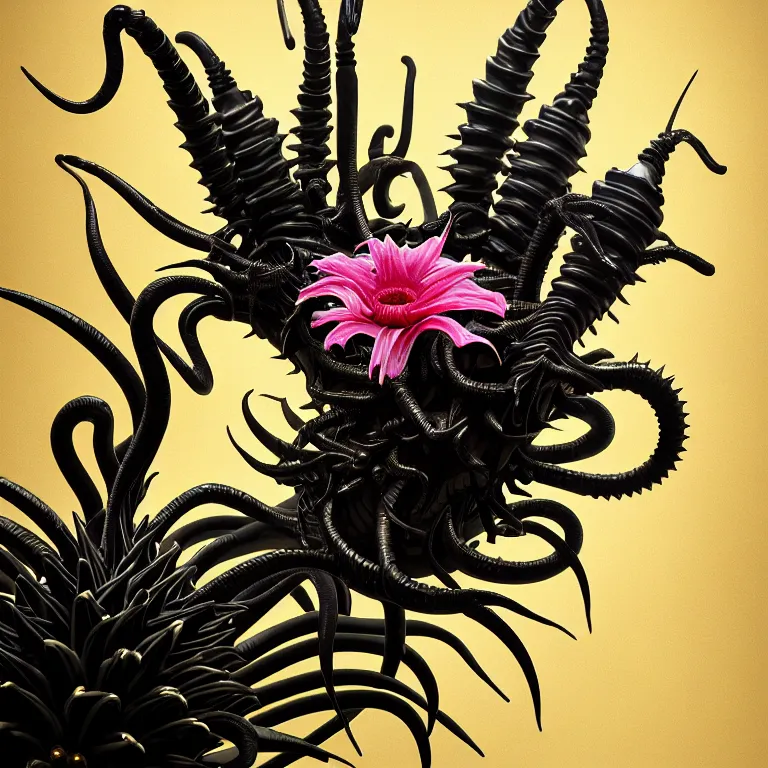 Prompt: still life of black xenomorph, beautiful pastel color tropical flowers, glossy metallic human spine, spiky tentacles, tropical fruit, human body parts, colorful mold, baroque painting, beautiful detailed intricate insanely detailed octane render, 8K artistic photography, photorealistic, perfect composition, golden ratio, chiaroscuro, Raphael, Caravaggio