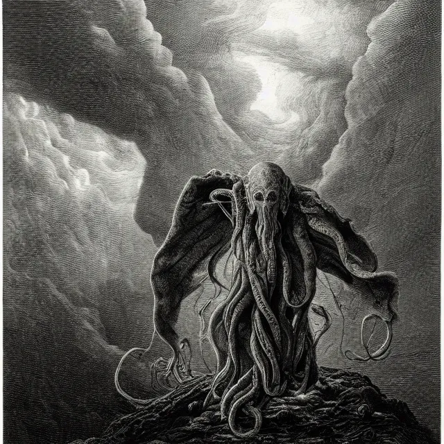 Image similar to an engraving portrait of cthulhu, caspar david friedrich, foggy, depth, strong shadows, stormclouds, illuminated focal point, highly detailed