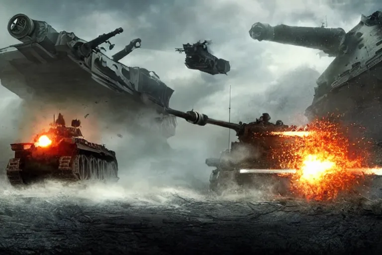 Image similar to a tank fights a monster twice its size, Highly detailed, Cinematic. Balanced. 4k, Realistic, detailed.