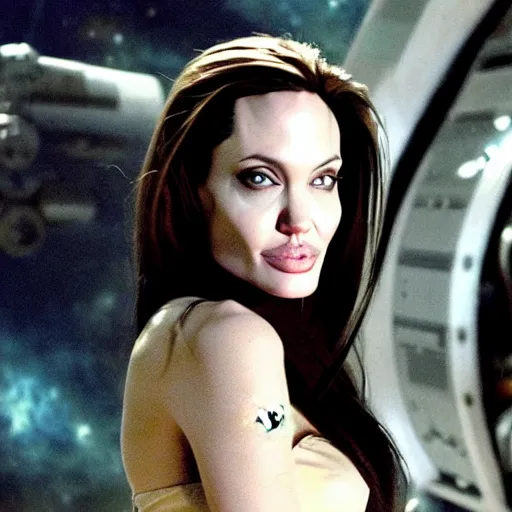 Prompt: promotional beautiful realistic portrait of <Angelina Jolie> as <Topanga Lawrence the Space Priestess> in the new movie directed by <Tetsuya Nomura>, <heavily armored and brandishing sci-fi blaster>, <perfect face>, movie still frame, promotional image, imax 70 mm footage