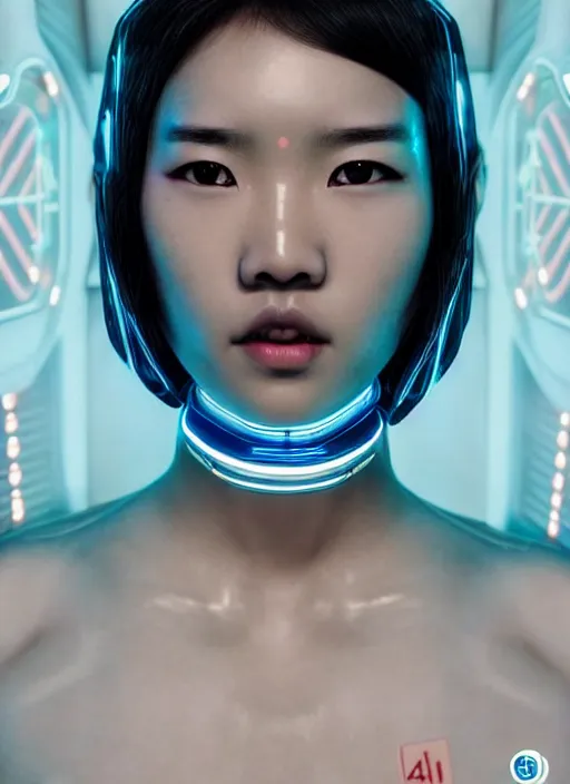 Prompt: an asian female humanoid with freckled cheeks, cyber neon lighting, futurism, intricate futuristic led fashion jewelry, cyberpunk glossy white latex swimwear, profile posing, hyper photorealistic, crispy quality, digital photography, trending in artstation, trending in pinterest, cinematic, 4 k ultra hd, art by pascal blanche, art by greg rutkowski,