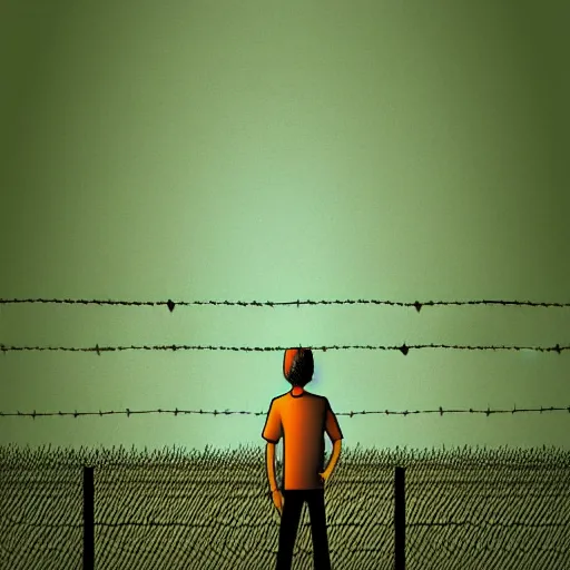 Image similar to scared man standing in front of a fence with barbed wire, by jeffrey smith, tim biskup, behance contest winner, wallpaper, digital illustration