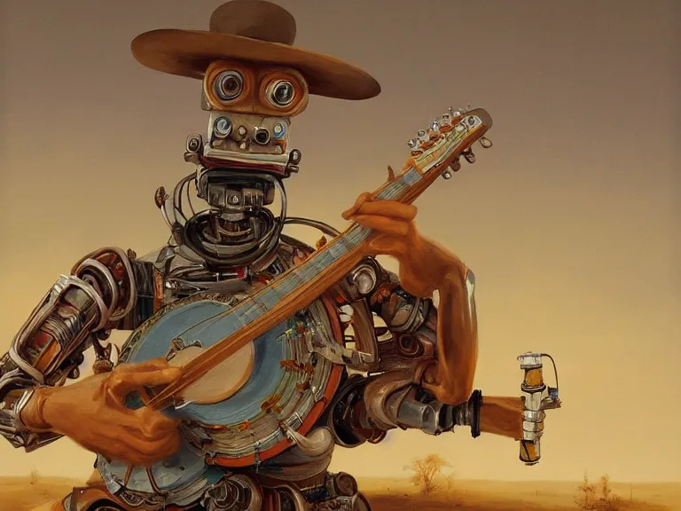 Image similar to painting of a country bumpkin robot playing a banjo, straw in his mouth, style of peter mohrbacher, high detail, hyper realistic, 8 k