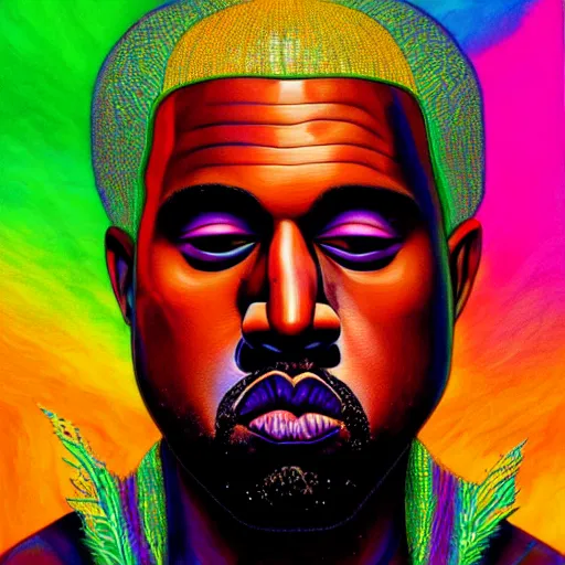 Image similar to an extremely psychedelic portrait of kanye west, surreal, lsd, face, detailed, intricate, elegant, lithe, highly detailed, digital painting, artstation, concept art, smooth, sharp focus, illustration,