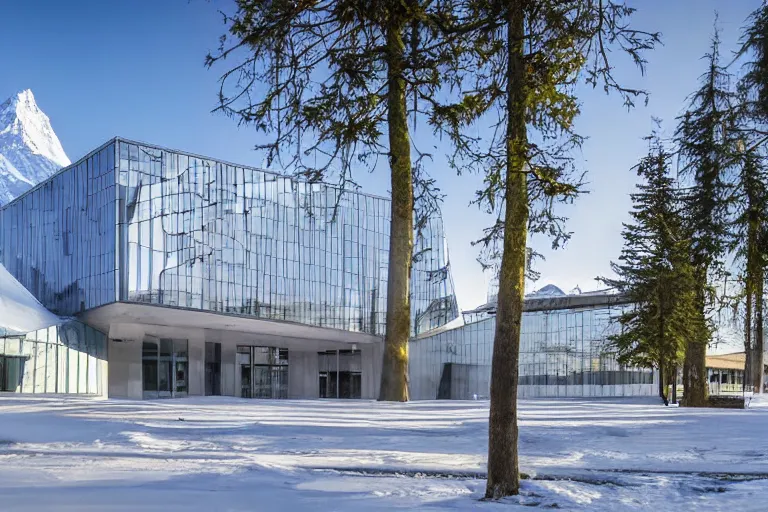 Prompt: architecture photo modern fachwerk school with Elbrus mountain on the background, architecture, photorealism 8k , shining and happy atmosphere, uplight, high details