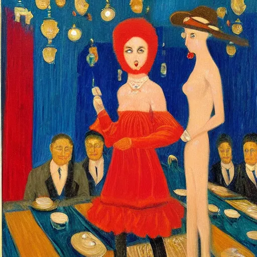 Prompt: oil painting of a satirical speakeasy by florine stettheimer