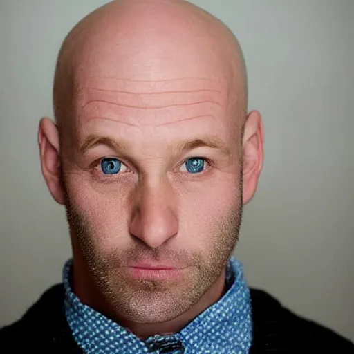 Prompt: He is white, middle aged, and completely bald. He looks like actor Glenn Langan. He has no facial hair, no beard, no eyebrows and no eyelashes. He has an average build. He has big round blue eyes.