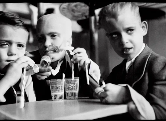 Prompt: a 35mm photograph from the 1930's of two mean looking gangsters sharing a milkshake with two straws, bokeh, Canon 50mm, cinematic lighting, photography, retro, film, Kodachrome, closeup