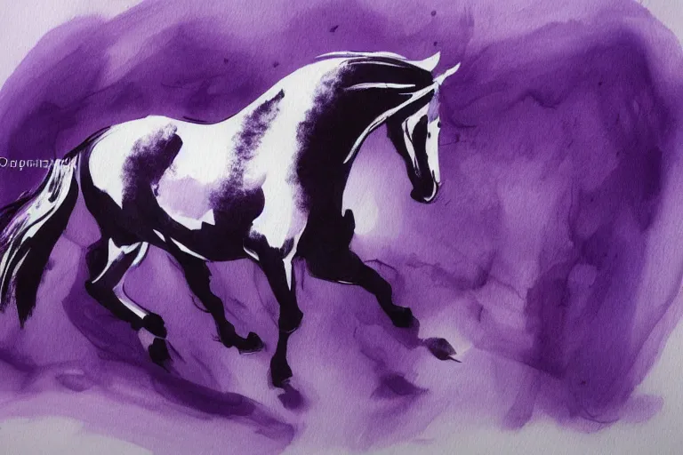 Prompt: bautiful serene horse, healing through motion, minimalistic purpble ink aribrush painting on white background