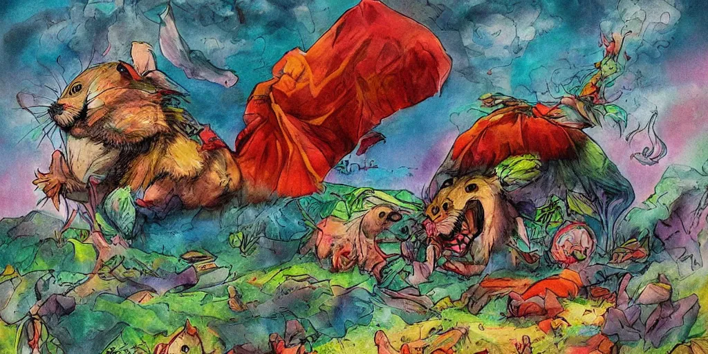 Prompt: an evil hamster ritual, ethereal, fantasy creature, sinister, clouds, vibrant colours, menacing, highly detailed