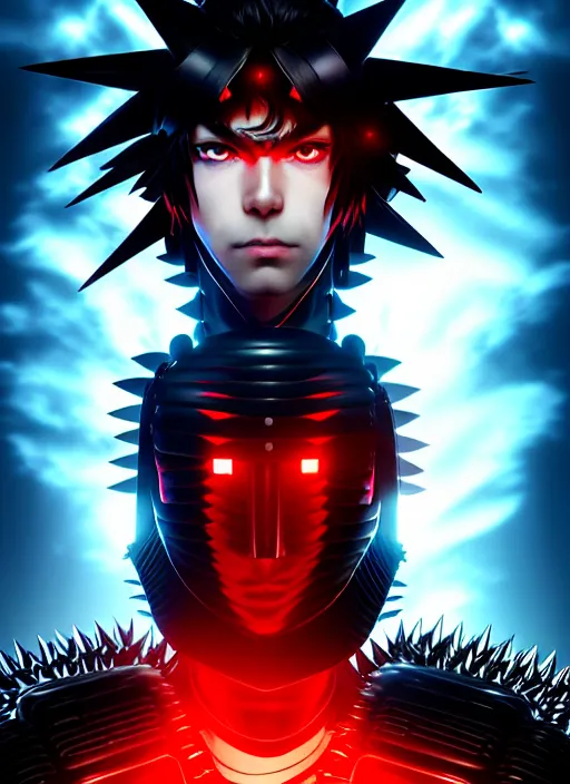 Image similar to a striking cinematic full body manga portrait of a long black haired male teenager wearing imposing red jagged spiked plate armour and glowing with raging powerful red energy by hirohiko araki and beeple, fine details, digital art, character concept art, volumetric lighting, cinematic light, photorealistic