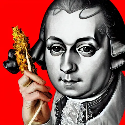 Image similar to Mozart with bloodshot eyes holding a weed joint in his hand, digital art